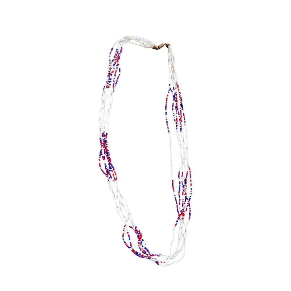 Vintage Multi Strand Seed Bead Necklace Red White Blue Patriotic Boho 28 Inch